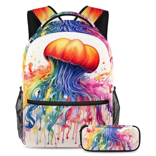 Cartables multicolores grande capacité motif méduse abstraite avec trousse