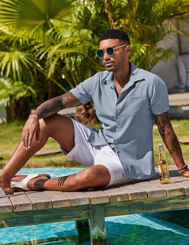 Image of COOFANDY Men's Button Down Shirts Short Sleeve Casual Shirts Summer Beach Linen Shirts with Pocket