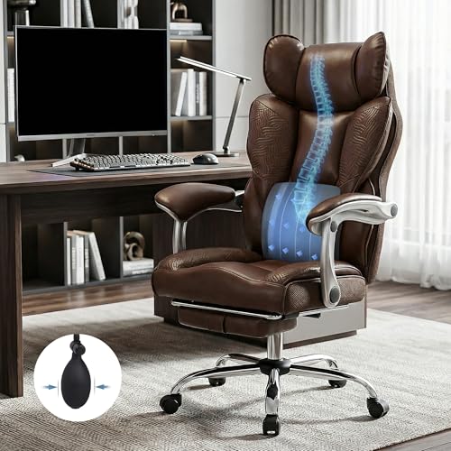 Image of DROGO Emperium Office Chair for Work from Home 400LBS | Ergonomic Executive Boss Chair with PU Leather,High Back, Spacious Cushion Seat & Pumping Lumbar Support | Premium Metal Base & Footrest (Brown)