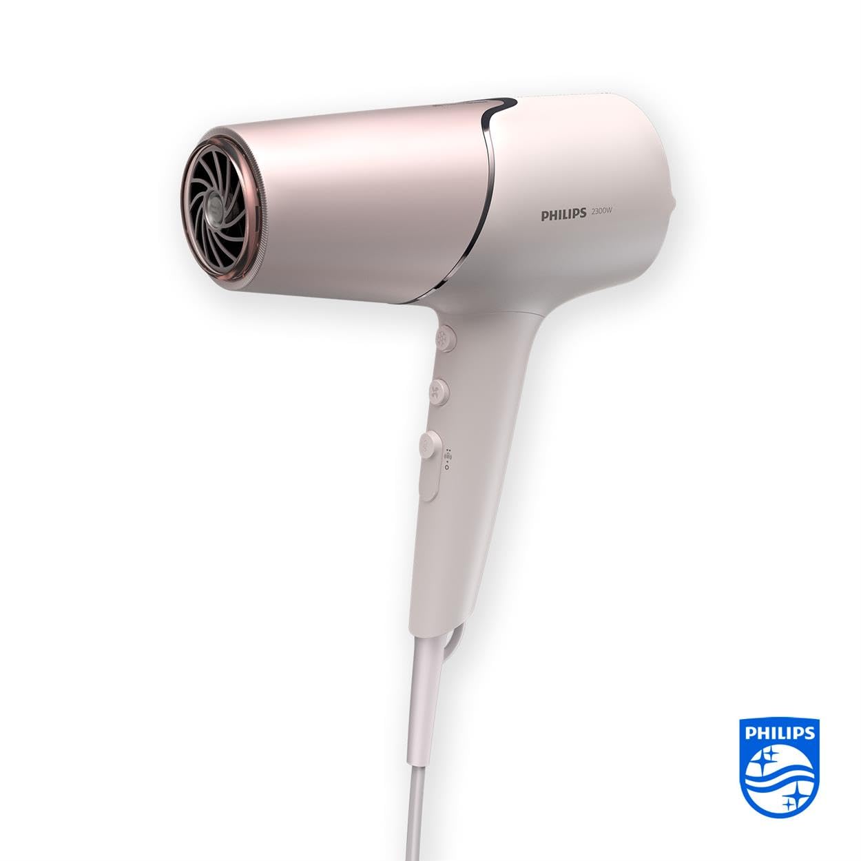 Philips Secador de Pelo Serie 5000, 2300w, con Tecnología ThermoShield, Boquilla UltraEstrecha, Boquilla Estrecha y Disfusor, BHD530/20, Blanco/Rosa