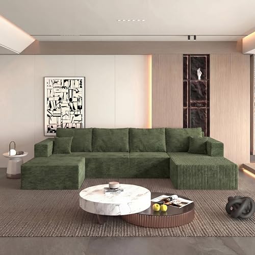 Image of 138 inch Modular Sectional Sofa, Modern U-Shaped Cloud Couch, Soft Corduroy Boneless Couch with 3060 High Rebound Memory Foam, Sectional Couches for Living Room,Green (Right Facing Chaise)