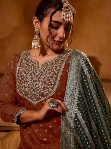 Image of Naixa Women's Silk Embroidered Printed A-Line Kurta with Pant | Dark Green Viscose Jacquard Dupatta Set | 3 /4 Sleeve | Notch Neck | Festive (Available in Plus Size)