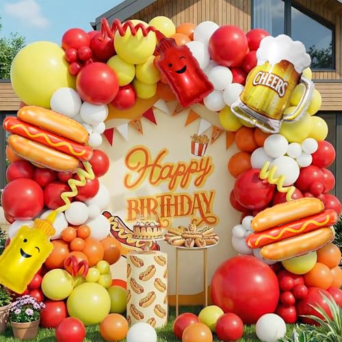 BBQ Balloon Garland Arch Kit, Hot Dog Party Decorations with Hot Dog Ketchup Mustard Beer Foil Balloons, Red Yellow Balloon Arch for Baby Q Baby Shower Summer Picnic Cookout Birthday Party Decor