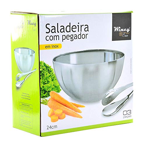 Kit Saladeira Redonda Completa De Inox Pegador 3 Peças Wincy