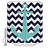 Sea Secret Navy Blue Chevron with Nautical Anchor Waterproof Bathroom Shower Curtain 60