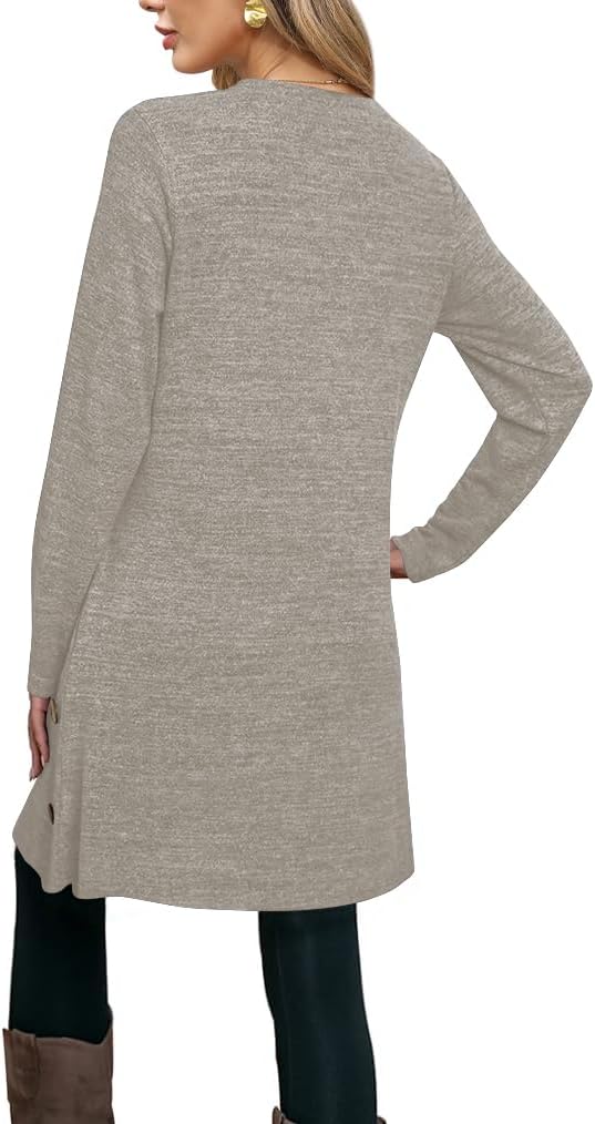 Poetsky Womens Tunic or Tops to Wear with Leggings Long Sleeve Side Buttons Swing Casual Long Shirts with Pockets S-3XL - Image 2