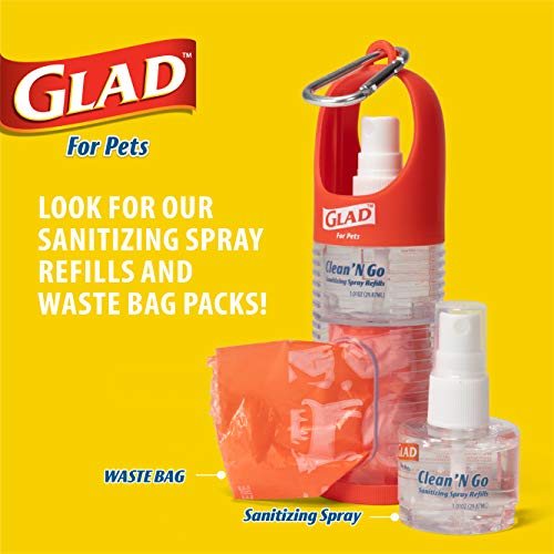 Image of Glad for Pets Clean and Go Waste Bag Dispenser with Sanitizer, 15 Count | Leash-attachable holder, includes mini aloe hand sanitizer spray, tropical breeze scent, for daily walks