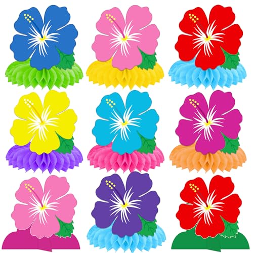Image of Hawaiian Hibiscus Flowers Honeycomb Centerpieces 11PCS Luau Party Table Decoration Tropical Aloha Table Centerpieces Hawaii Party Decor for Tables Summer Holiday Party Supplies