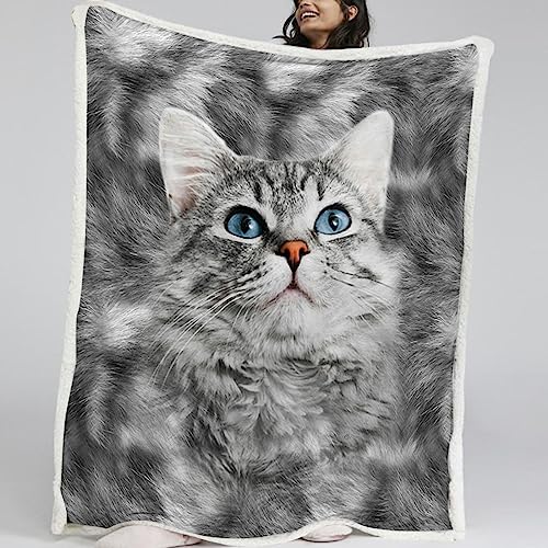 BlessLiving Gray Cat Blanket Grey Pet Animal Throw Blanket Soft Warm for Bed Sofa Cat Animal Gifts for Teen Boys All Season Twin, 60 x 80 Inches