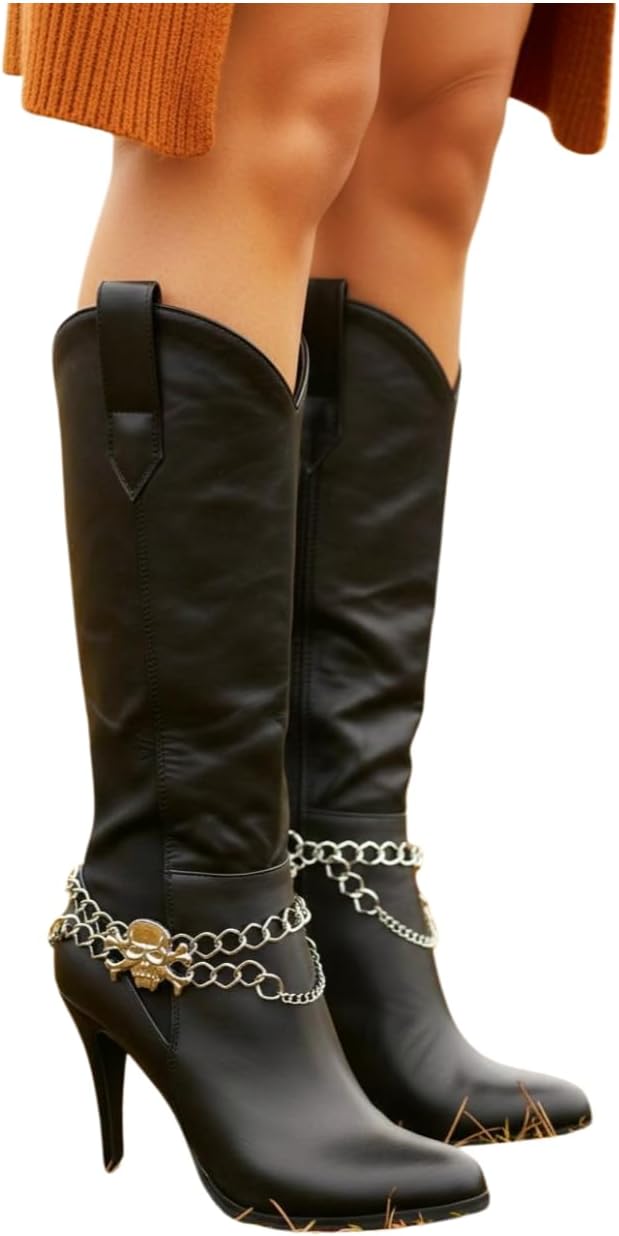 Women’s Skull Boot Chain Set – Silver Biker Boot Anklet Pair For Cowboy, Combat & High Heel Boots – Goth Punk Rocker Shoe Jewelry 11"–15" Adjustable – Handmade In USA