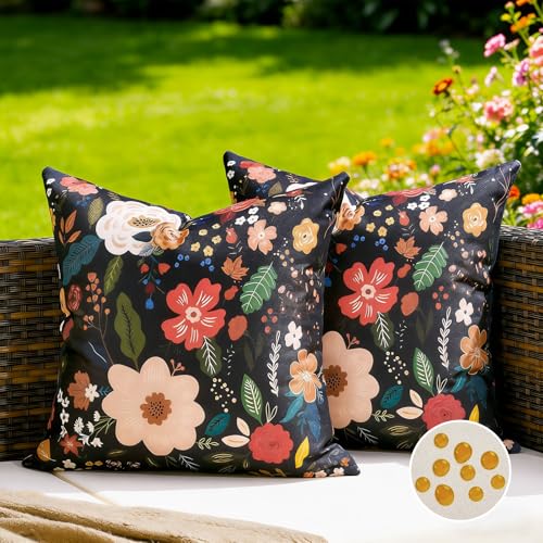 BonBotimen Housse de Coussin D'Extérieur Imperméable 40 x 40 cm Taie Oreiller Noire D'Été pour Canapé, Coussin Décoratif À Fleurs Rouges pour Salon,...