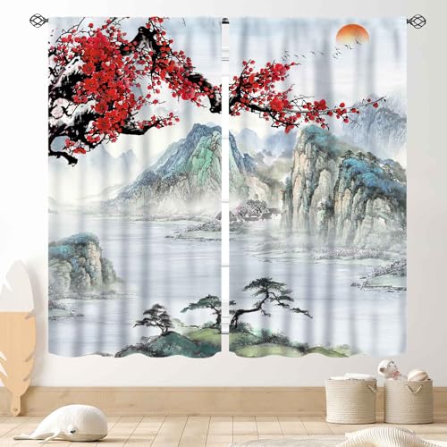 Tende asiatiche per camera da letto, pittura a inchiostro tradizionale, paesaggio naturale, montagne, fiori di ciliegio, arte orientale, stile giapponese, cucina, soggiorno, bagno, tende, set di