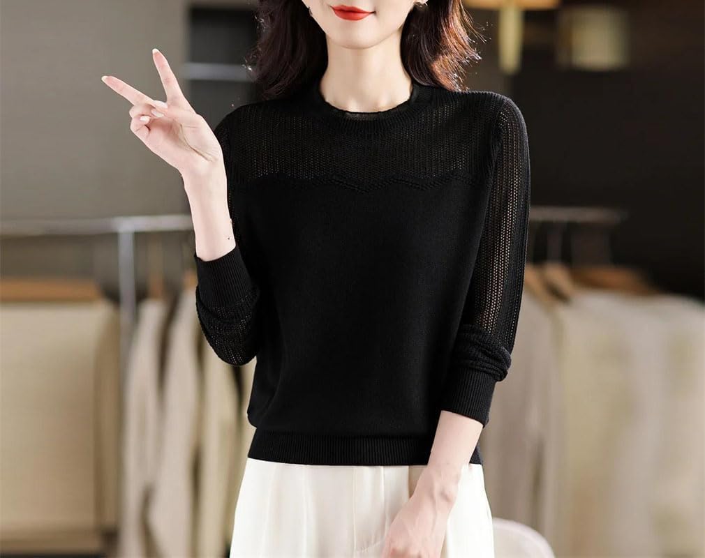 Women's Lace Hollow Long Sleeve Base Shirt Spring Fall Style Thin Knitted Sweater Fashion Inner Wear Top