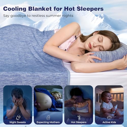 Image of Cooling Blanket Japanese Q-Max 0.4 Technology keep cool in hot summer, 78 X 86in twin or baby sized blanket for Adults, Children, Babies. Mica Nylon and PE Cool Fabric Breathable Comfortable.(Blue)