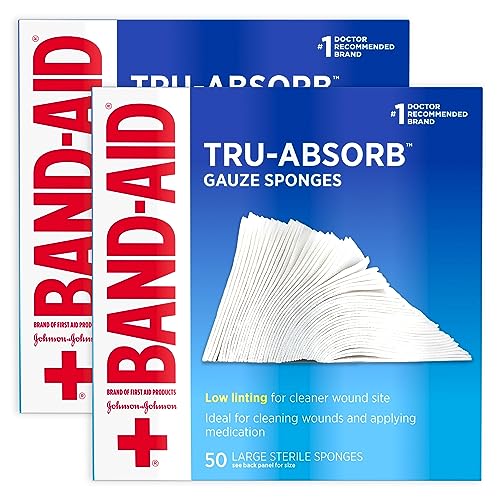 Band-Aid Brand First Aid Products Tru-Absorb Sterile Gauze Sponges for Cleaning and Cushioning Wounds, Low-Lint Design, 4 inches by 4 inches, Twin Pack, 2 x 50 Count