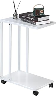 H JINHUI C Shaped Side Table, Mobile Sofa/Living Room Small End Table, with Lockable Wheels, Mobile Snack Table for Coffee Laptop Tablet, That Slide Under for Small Spaces (White)