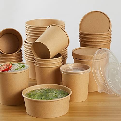 La Llareta Take Out Food To Go Containers, 25 Pieces Brown Soup Container with Lids, Takeaway Paper Bowl, Waterproof and Oil Proof, for Ice Cream, Soup, Snack (450ml)