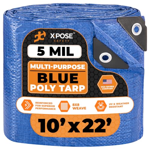 Image of Better Blue Poly Tarp 10' x 22' - Multipurpose Protective Cover - Lightweight, Durable, Waterproof, Weather Proof - 5 Mil Thick Polyethylene - by Xpose Safety