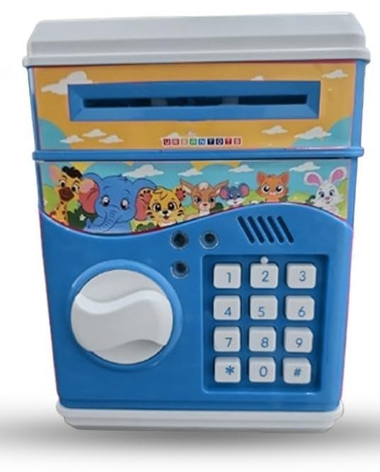 TOYIQ ATM Money Locker Piggy Bank Battery Operated Coin Bank with Automatic Door Open Electronics Security Lock & Password Key Toys for Kids (Blue) Colour 4