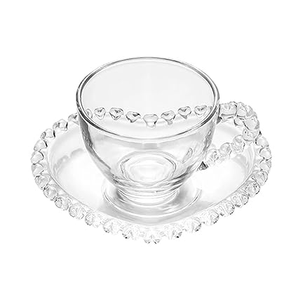 Sizikato Clear Glass Cup and Saucer Set, 3 Oz Espresso Cup with Heart-Shaped Saucer