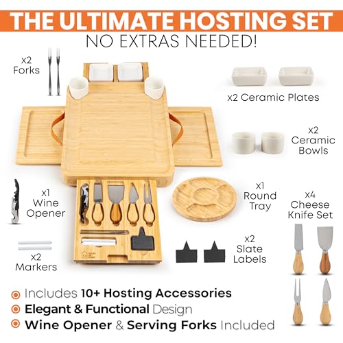 Large Charcuterie Board Gift Set - Bamboo Cheese Board with 4 Drawers, Knives & Ceramic Bowls - Perfect Valentine's Day Gifts for Her, Date Night, Anniversary & Housewarming Gift for Couples