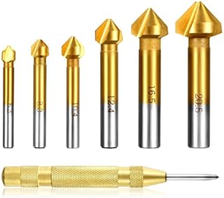 Estmoon 6 tlg 90° Kegelsenker Satz HSS Senker Set, Titan-Beschichtungen Ø 6,3-20,5 mm Senkbohrer mit 1 Pack Messing Automatische Center Bohrer Punch