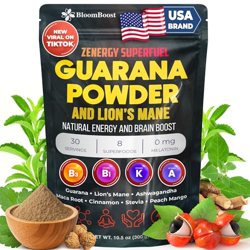 BloomBoost Guarana Powder 1,000mg Per Serv - Lion’s Mane, Ashwagandha, Maca... Natural Caffeine Energizer, Brazilian Herbal Extract, Bulk Superfood, Vegan Friendly, &amp; Non-GMO - 10.6oz (75 Servings)