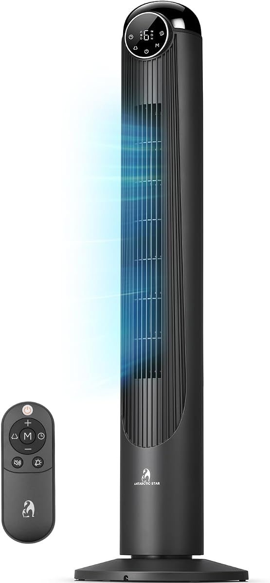 T42 Tower Fan-42 Inch, Bladeless Oscillating Fan with Remote, 6 Speeds & 4 Modes, LED Display, 9H Timer, Quiet Floor Standing Fan for Bedroom Living Room Office, Black