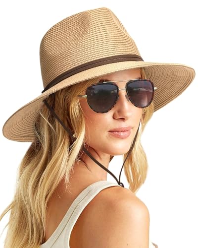 FURTALK Unisex Summer Straw Sun Hats Womens Wide Brim Panama Fedora Beach Hat with Wind Lanyard Beige