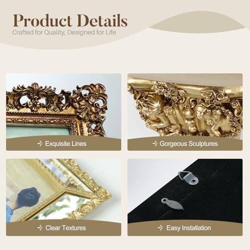 10 Pack Vintage Wall Decor, 5x7 Gold Picture Frames Antique Resin Gallery Wall Frame Set with Wall Shelf & Sculptures, Collage Photo Frames for Wall/Tabletop Display, Ornate Home Decor