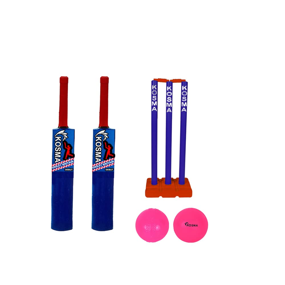 Kosma Junior Kwik Cricket Bat set with Carrying Bag | 2 Crazy Cricket Bat No 1 (23”) with 2 x Cricket Practice Balls, wicket set 13“ with bails & a Carrying Bag -Red & Royal Blue Colour