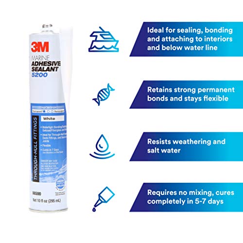 3M Marine Adhesive Sealant 5200 (06500) Permanent Bonding And Sealing For Boats And Rvs Above And Below The Waterline Waterproof Repair, White, 10 Fl Oz Cartridge #TOP3