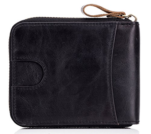 BULLCAPTAIN Men Genuine Leather Zipper Wallet RFID Blocking Bifold Wallets ID Window Credit Card Case (Black)3