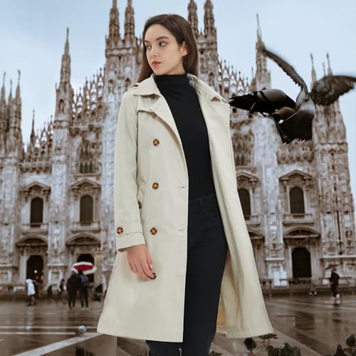 Image of Womens Trench Coat Double-Breasted Long windbreak Belted Slim Outerwear Coat with Detachable Hood S-2XL