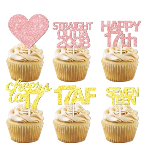 18pcs Gold Pink Glitter Dessert Cupcake Pick for Straight Outta 2008 Cheer to 17 Years Old Theme Decor Supplies Happy 17th Birthday Party Decoration