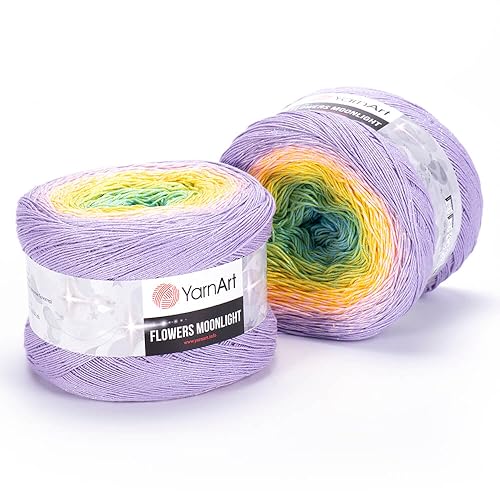 YarnArt Flowers Moonlight – Gradient Cotton Acrylic Yarn with Metallic Lurex, 9.17oz (250g), 1093 Yards – Shiny, Multicolor Cake Yarn for Crochet, Knitting, Shawls & DIY Projects (3285)