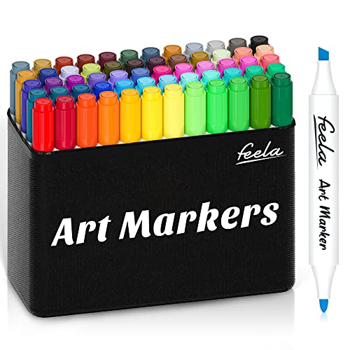 feela 60 Colors Dual Tips Art Twin Markers, Marker Pens Highlighters with Case for Painting Coloring Sketching Highlighting Writing