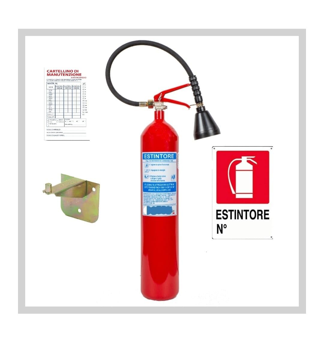 ESTINTORE PORTATILE A CO2 KG 5, OMOLOGATO E CERTIFICATO, FORNITO DI STAFFA + CARTELLO + TAGLIANDO DI CONTROLLO APPLICATO SULL'ESTINTORE