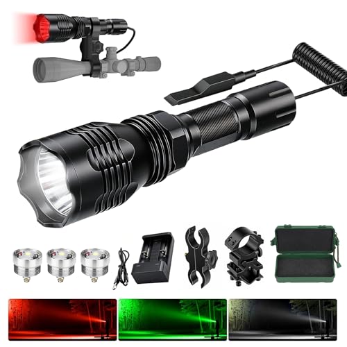 VASTFIRE Predator Light with Interchangeable (Red, Green, White) LED Hunting Flashlight with Scope Mount for Hog Coyote Coon Bobcat Raccoon Varmint Rabbit Night Hunting