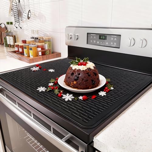 Stove Top Cover for Electric Stove - Food Grade Ceramic Stove top Cover,Silicone XXL Dish Drying Mat, Glass Cooktop Covers, Flat RV Range top Mats (Black,28x20)
