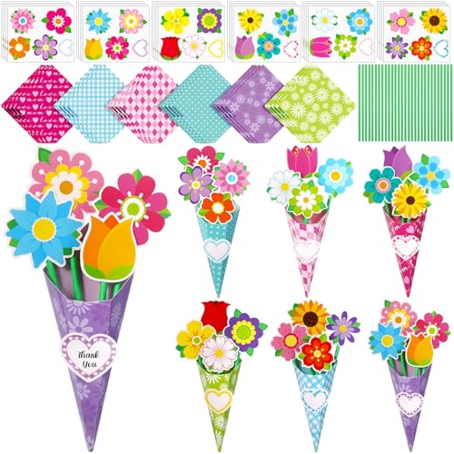 Sunwuun 12 Stück Blumenstrauß Bastelset Muttertag Basteln Kinder Muttertagsgeschenk Basteln für Mama DIY Blumenpapierhandwerk Geschenk DIY Gift School Familienaktivitäten (Muttertag)