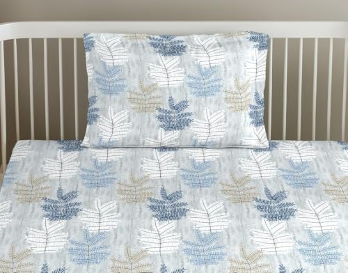 Image of Trance Home Linen 100% Cotton 80 inchx38 inch inch Printed Elastic Fitted Bedsheet | College /Hostel Use Fitted Bedspread with 1 Pillow Cover (80 inchx38 inch | 6.6x3.1 feet, Ferns Blue)