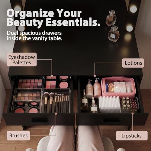 Image of YESHOMY Vanity Desk with Mirror,Makeup Vanity Table with 11 Adjustable Lights and 2 Spacious Drawers,3 Lighting Modes with Control&Soft-Padded Storage Stool,Modern Bedroom Vanity Set,Black