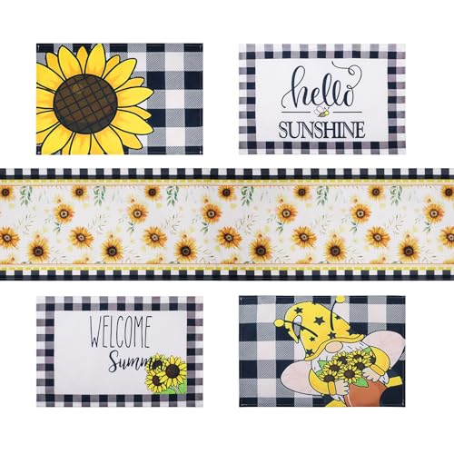 Simpeak Runner da tavola e tovaglie, set di 5 pezzi, tovagliette decorative gialle, estive, con motivo estivo di girasole, tovagliette lavabili