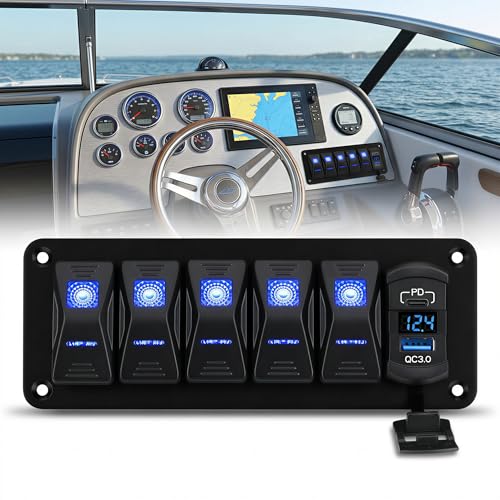5 Gang 12-24V Marine Rocker Switch Panel, USB-C PD, Voltmeter