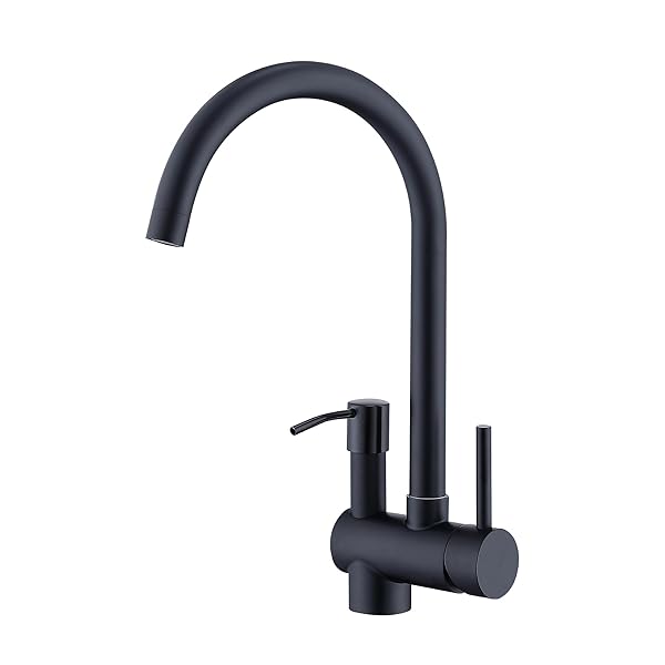 Trysea Kitchen Faucet with Soap Dispenser for One Mounting Hole,Stainless Steel Kitchen Sink Faucets,Single Handle Rv Matt Black Faucets 360Rotatable