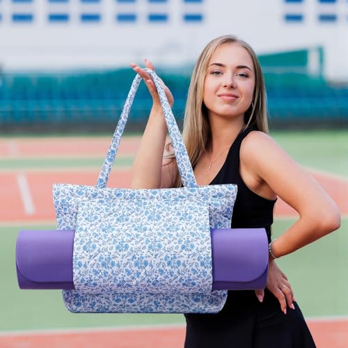 Sadnyy Blue Floral Quilted Yoga Bags with Mat Pocket for Women, Cute Cotton Floral Yoga Tote Carrier with Shoulder Strap, Ideal for Pilates, Travel, Office, Beach & Workout — view 2