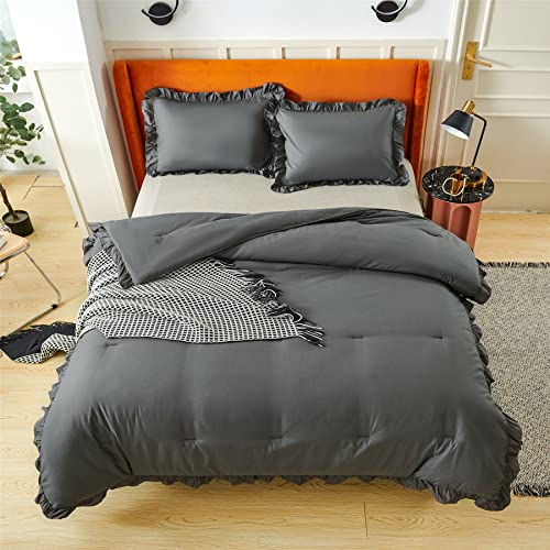 Vethin Vintage Ruffle Comforter Set With 1 Comforter And 2 Pillowcases For All Season Soft Microfiber Down Queen Bedding Comforter Full Size Sets(King, Grey-1) #TOP3