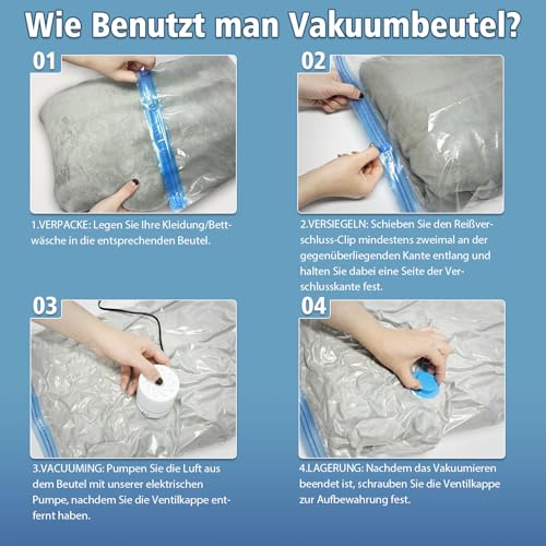 NATNAV Vakuumbeutel für Kleidung 20 Stück mit Elektrischer Luftpumpe Vakuumierbeutel (5xJumbo/5xGroß/5xMittel/5xKlein) Wiederverwendbar Vakuumbeutel für Bettdecken,Kleidung,Reise,Kissen