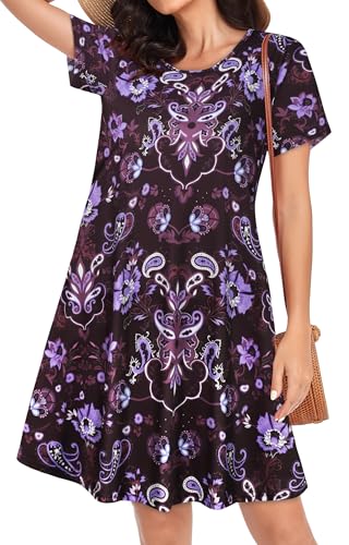 Image of Womens Summer Dresses Beach Casual Loose Tshirt Floral Short Sleeve Flowy Pockets Sundresses 2026